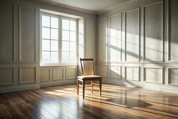 Obraz premium Wooden Chair in an Empty Room with Soft Natural Light from Large Window