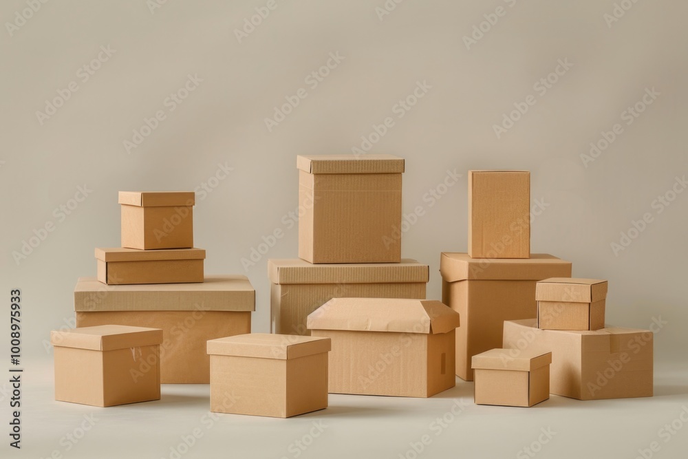 Poster a pile of cardboard boxes stacked high, often used as storage or shipping containers