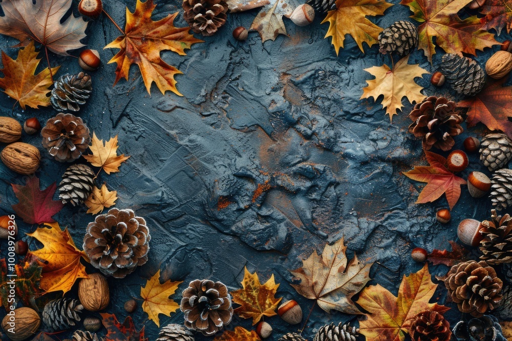 Poster A vibrant display of autumn leaves, nuts, and acorns arranged in a circular pattern on the forest floor