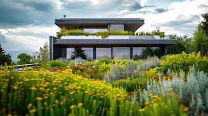A large house with a lush rooftop garden, perfect for urban green spaces or gardening inspiration
