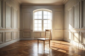 Fototapeta premium Wooden Chair in an Empty Room with Soft Natural Light from Large Window