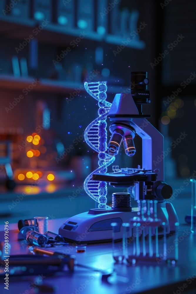Poster a laboratory microscope sitting on a table, ready for use