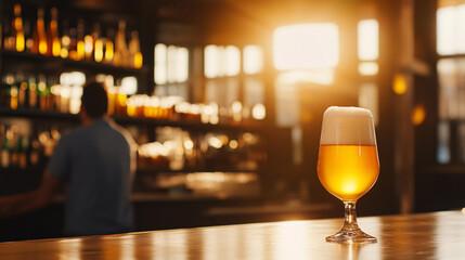 A glass of golden beer, positioned in the center of the frame, with a subtle, blurred bar backdrop displaying an array of beverages. The foam head sits atop the glass, creating a sense of freshness,