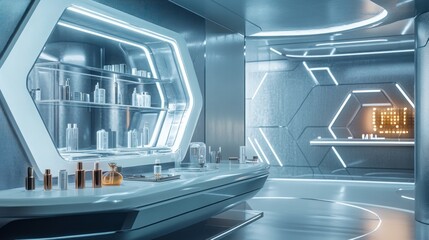 Obraz premium Futuristic Bathroom with Illuminated Vanity and Cosmetics Display