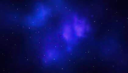 A cosmic-inspired background with gradients of deep indigo, violet, and black, scattered with starry white dots and nebulous, abstract cloud shapes.
