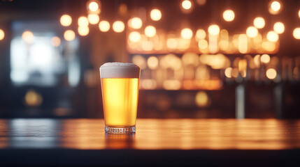 A glass of golden beer, positioned in the center of the frame, with a subtle, blurred bar backdrop displaying an array of beverages. The foam head sits atop the glass, creating a sense of freshness,