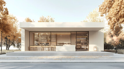 3D illustration of a modern minimalist coffee shop landscape. Architectural design perspective, construction of a fantasy building.