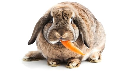 Obraz premium Chubby Rabbit with Carrot in Mouth Seated on White Background with Copy Space