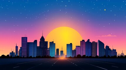 Obraz premium Cityscape Skyline Sunset with Stars and Road Urban Night Cityscape Illustration