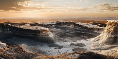 Obraz premium A breathtaking landscape showcasing a vast, rugged terrain under a warm sunset, evoking a sense of adventure and exploration.