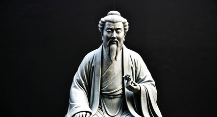 Obraz premium Elegant closeup of a Chinese scholar statue set against a simple black backdrop