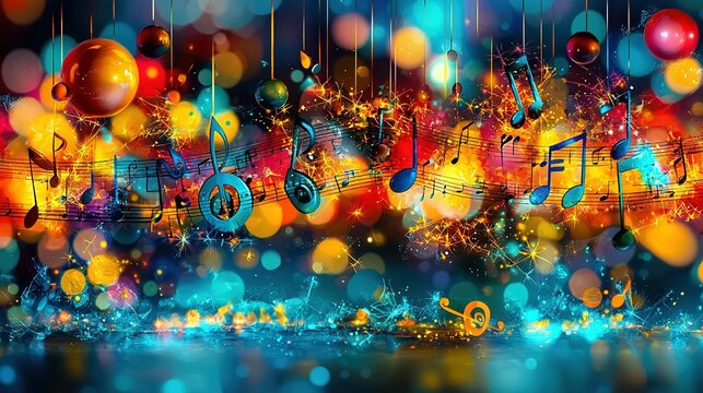  A lively musical scene featuring vibrant colors, melodious notes swaying from strings, radiant lights, and enchanting bubbles