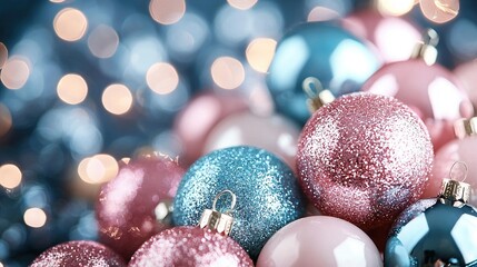   A festive scene with a collection of Christmas ornaments resting atop colorful baubles, arranged on a table