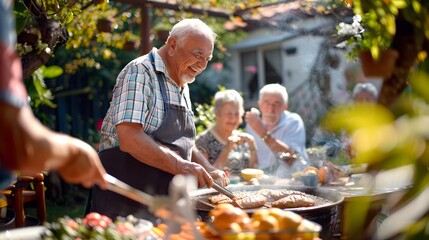 Elderly Enjoying Backyard Barbecue Filled with Laughter and Joy of Outdoor Eating