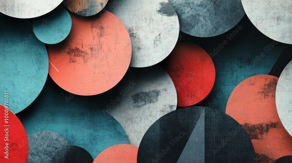 Poster Abstract Art with Overlapping Circular Shapes and Distressed Textures