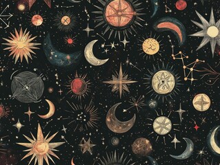 Hand-Drawn Cute Astrological Pattern in Vintage Boho Style on Black Background