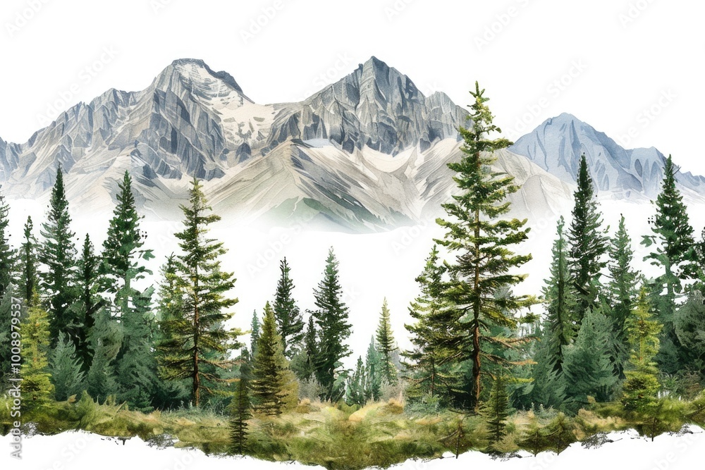 Poster A scenic view of a mountain range with trees in the foreground, perfect for use in outdoor or environmental-themed projects