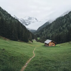 A peaceful mountain landscape featuring a cozy cabin nestled among lush green meadows and towering trees. Fog blankets the serene scene, enhancing tranquility.