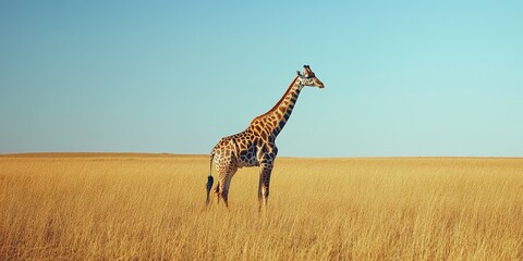 Obraz premium A majestic giraffe stands gracefully in a golden grassland under a clear blue sky, showcasing the beauty of nature.