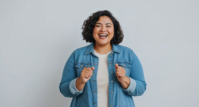 Joyful portrait of a young Hispanic woman with a fuller figure  set against a plain white background