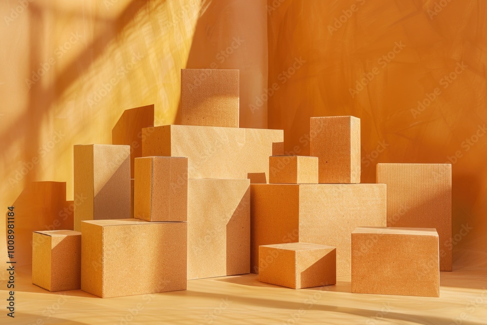 Sticker Stack of cardboard blocks on a wooden floor, ideal for background or illustration