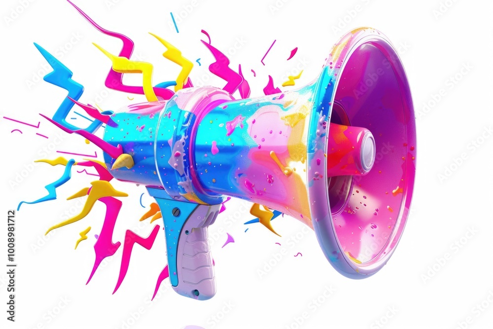 Poster a bright and cheerful megaphone with vibrant splatters, perfect for parties, events or as a design e