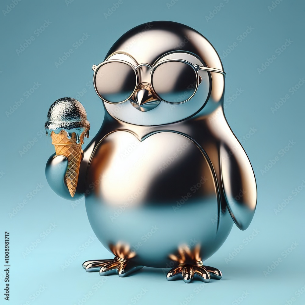 Wall mural a cool and hip silver shinny metallic futuristic penguin holding a ice cream character