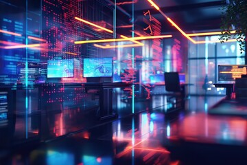 Modern office space with blurred interior, overlaid with technology visualizations. Corporate strategy, finance, marketing, operations key focus areas. Futuristic design blends with intelligent