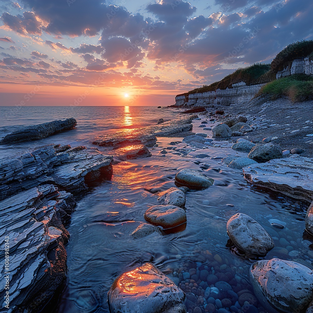 Poster Stunning Sunset Over the Ocean with Rocky Beach