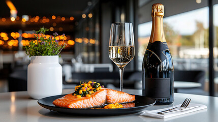   A platter of fish and a glass of wine gracefully adorn a table, accompanied by an elegant vase of flowers and a complementary wine bottle