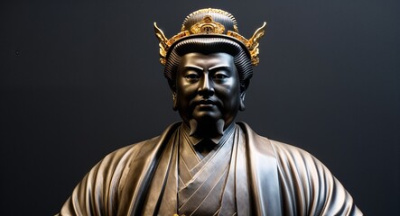 Obraz premium Majestic Japanese emperor statue captured in an upclose view with a black background