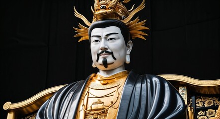 Obraz premium Majestic Japanese emperor statue captured in an upclose view with a black background