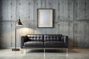 Mockup Empty Frame on Bare Concrete Wall in Modern Minimalist Room