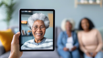 Tablet shows smiling older woman during virtual family call. Digital connections across generations.