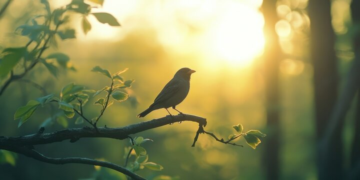 A serene bird perched quietly on a branch, basking in the soft glow of a golden sunrise in a tranquil forest setting.