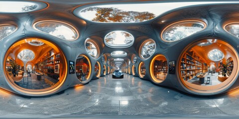 An immersive 360-degree equirectangular spherical panorama of electric cargo drones transporting goods through urban corridors, revolutionizing logistics with