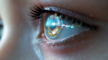 Close-up of woman eye with smart contact lens featuring digital, biometric implants for scanning ocular retina. Advanced technology for facial recognition, identification. Future concept of hi-tech