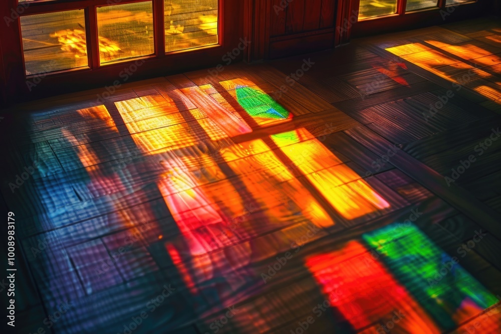 Poster a warm and vibrant image of sunlight shining through a stained glass window onto a wooden floor, gre