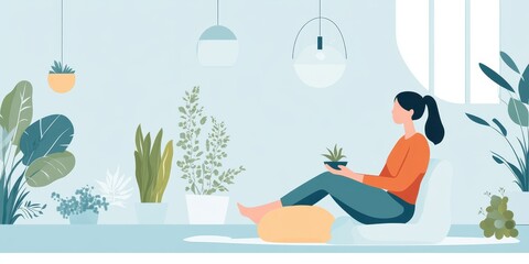Obraz premium A serene indoor scene featuring a woman relaxing with plants, embodying tranquility and a connection to nature.