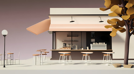 Fototapeta premium 3D illustration of a modern minimalist coffee shop landscape. Architectural design perspective, construction of a fantasy building.