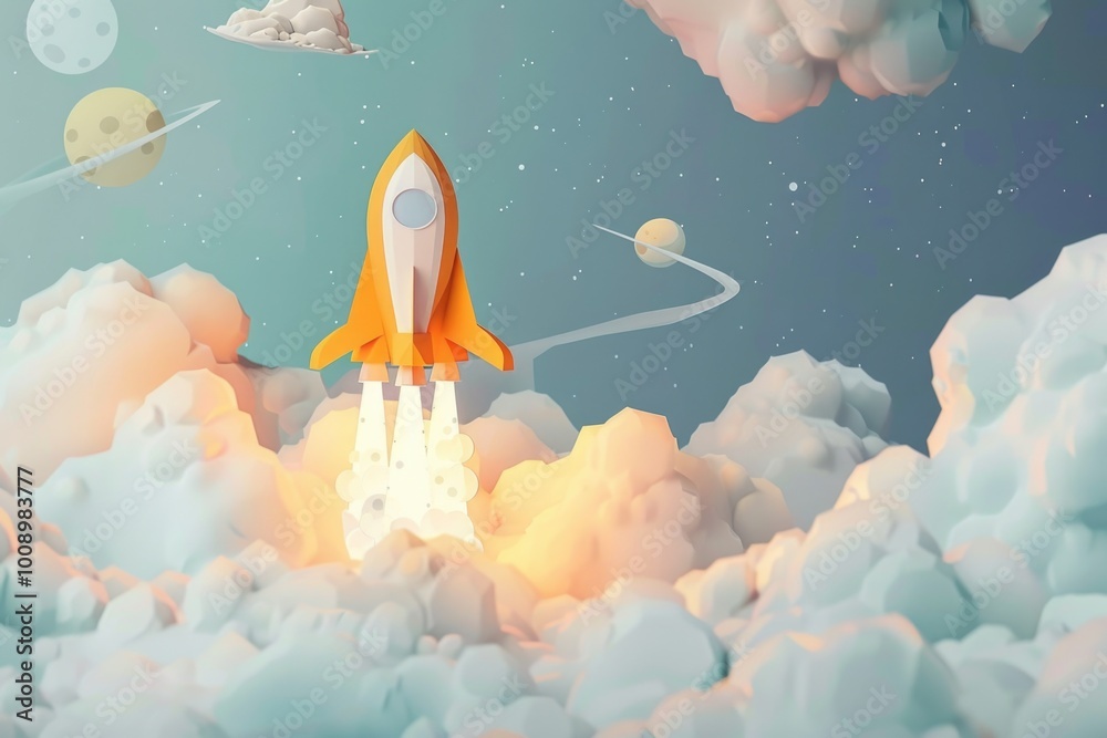 Poster a rocket propels through space, surrounded by distant planets and celestial bodies