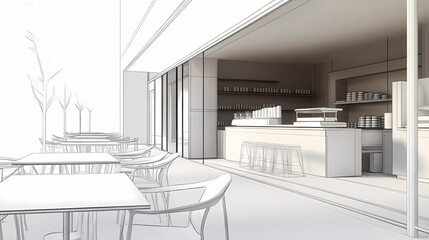 3D illustration of a modern minimalist coffee shop landscape. Architectural design perspective, construction of a fantasy building.