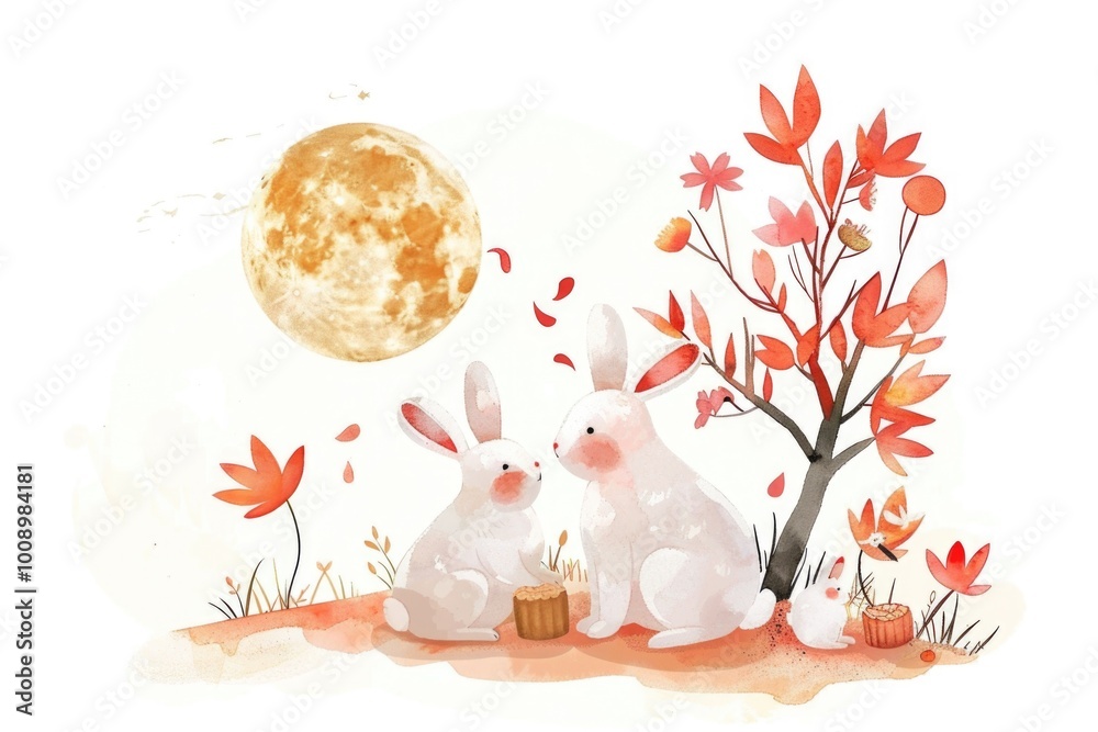 Poster a pair of white rabbits sit next to a tree trunk, surrounded by greenery