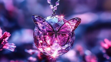 Fototapeta premium A close-up of a necklace featuring a butterfly dangling on a chain, surrounded by pink flowers