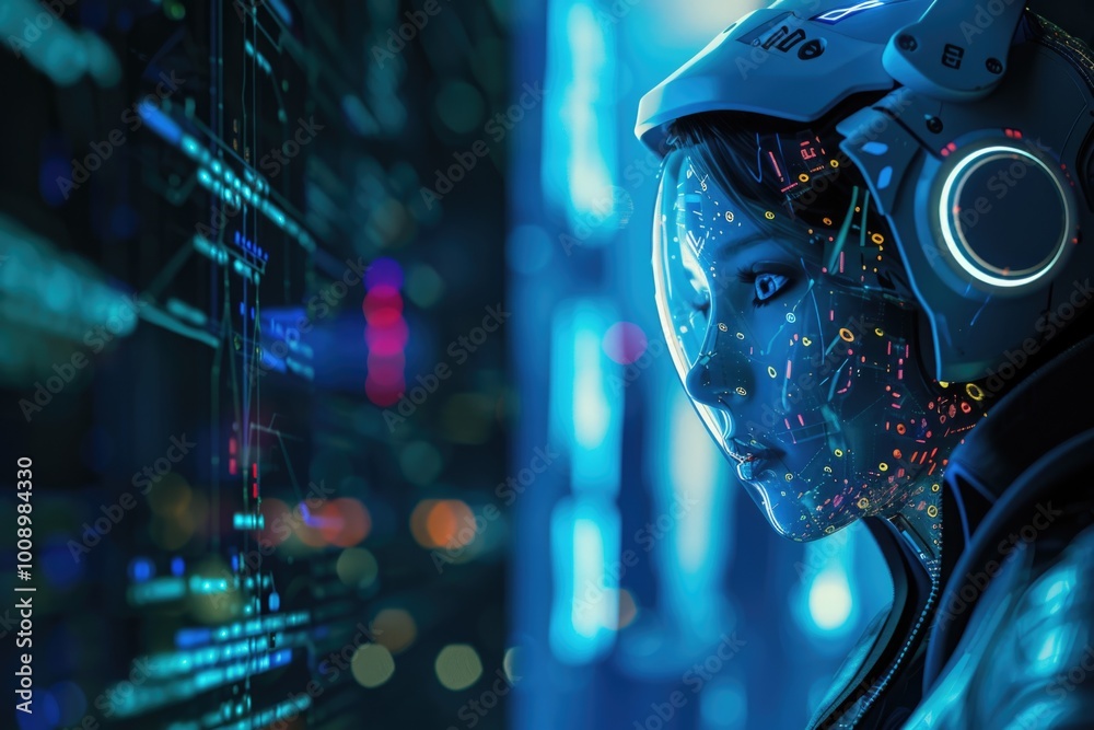 Poster a person wearing futuristic attire looks at a computer screen, possibly working or browsing