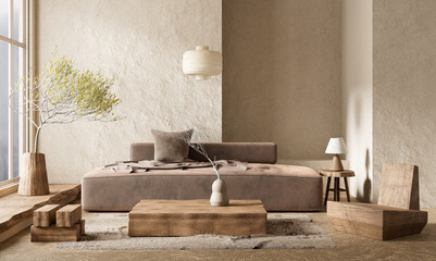 Boho style decorated livinig room. Modern authentic Interior design of living room with wooden furnitures. 3D illustration