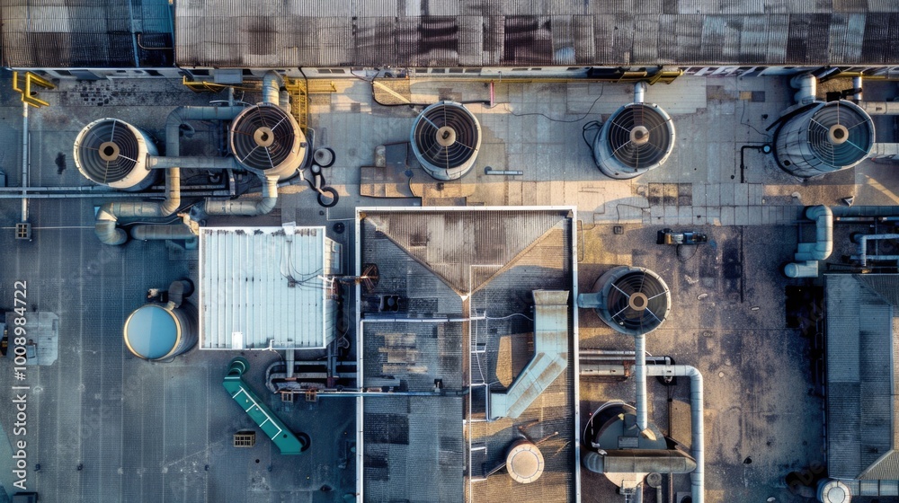 Poster Aerial view of a building with many pipes visible