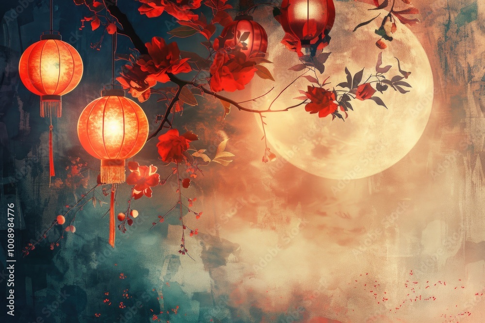 Aufkleber a beautiful scene with red lanterns hanging from a tree, perfect for decorating or highlighting a sp