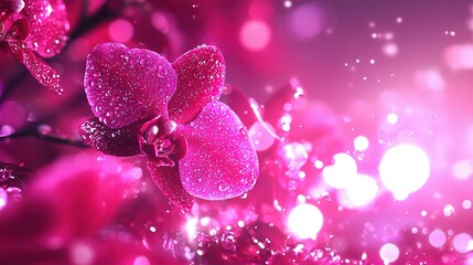 Fototapeta premium A pink flower on a branch with water droplets and a blurred background