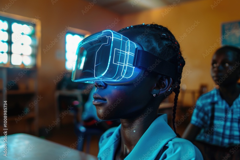 Poster a student wearing a virtual reality headset in a traditional classroom setting